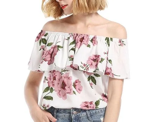 Chiffon Short Sleeve Print Off Shoulder Lotus Leaf Blouses
