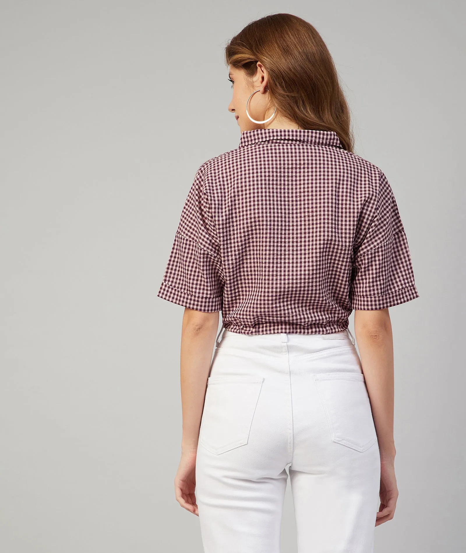 Chimpaaanzee Women Viscose Purple and Beige Checkered Knotted Crop Shirt