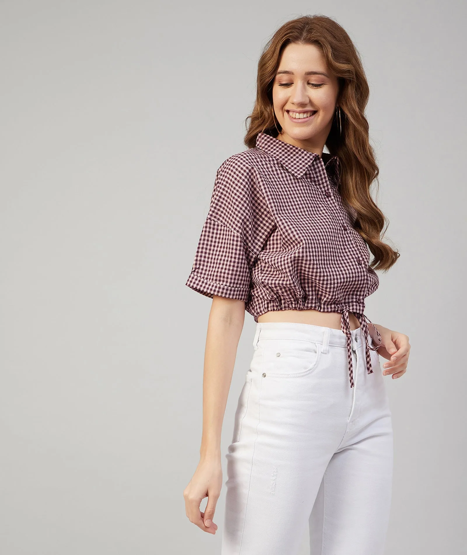 Chimpaaanzee Women Viscose Purple and Beige Checkered Knotted Crop Shirt