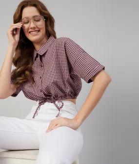 Chimpaaanzee Women Viscose Purple and Beige Checkered Knotted Crop Shirt