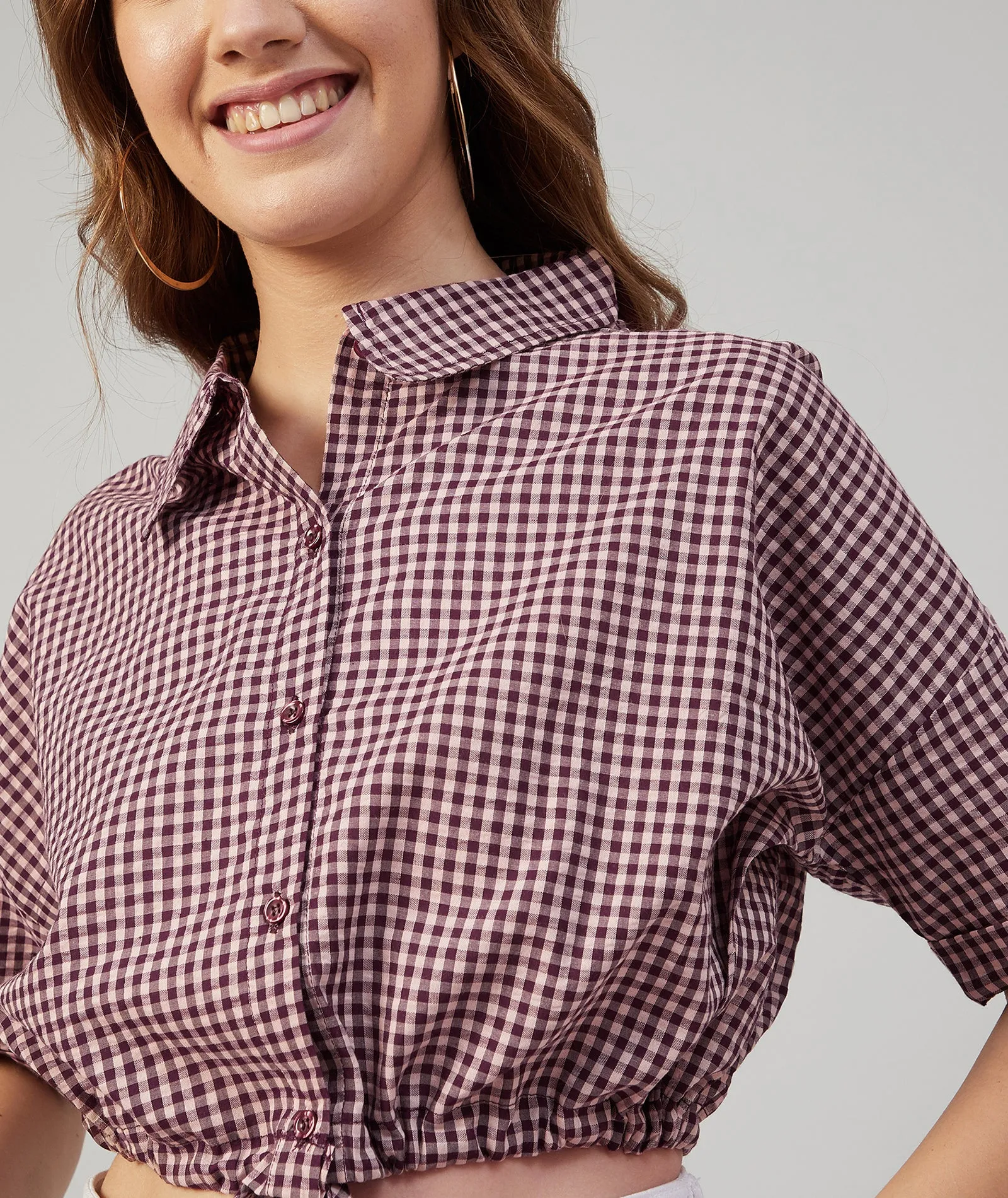 Chimpaaanzee Women Viscose Purple and Beige Checkered Knotted Crop Shirt