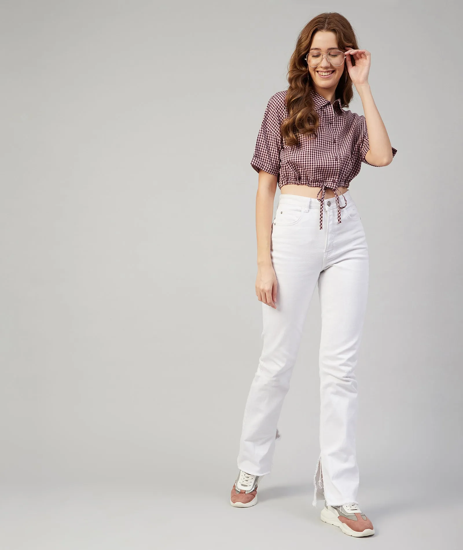 Chimpaaanzee Women Viscose Purple and Beige Checkered Knotted Crop Shirt