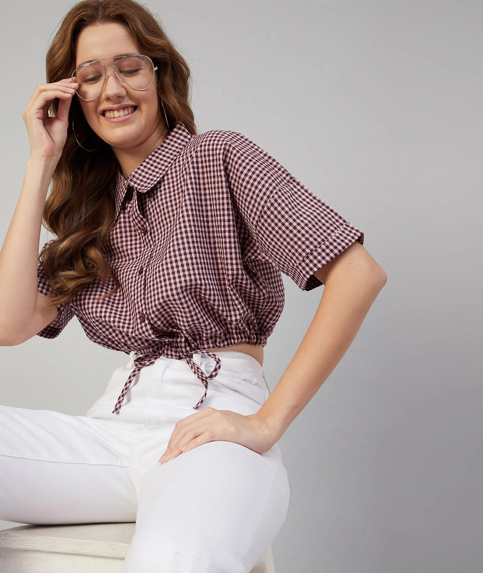 Chimpaaanzee Women Viscose Purple and Beige Checkered Knotted Crop Shirt