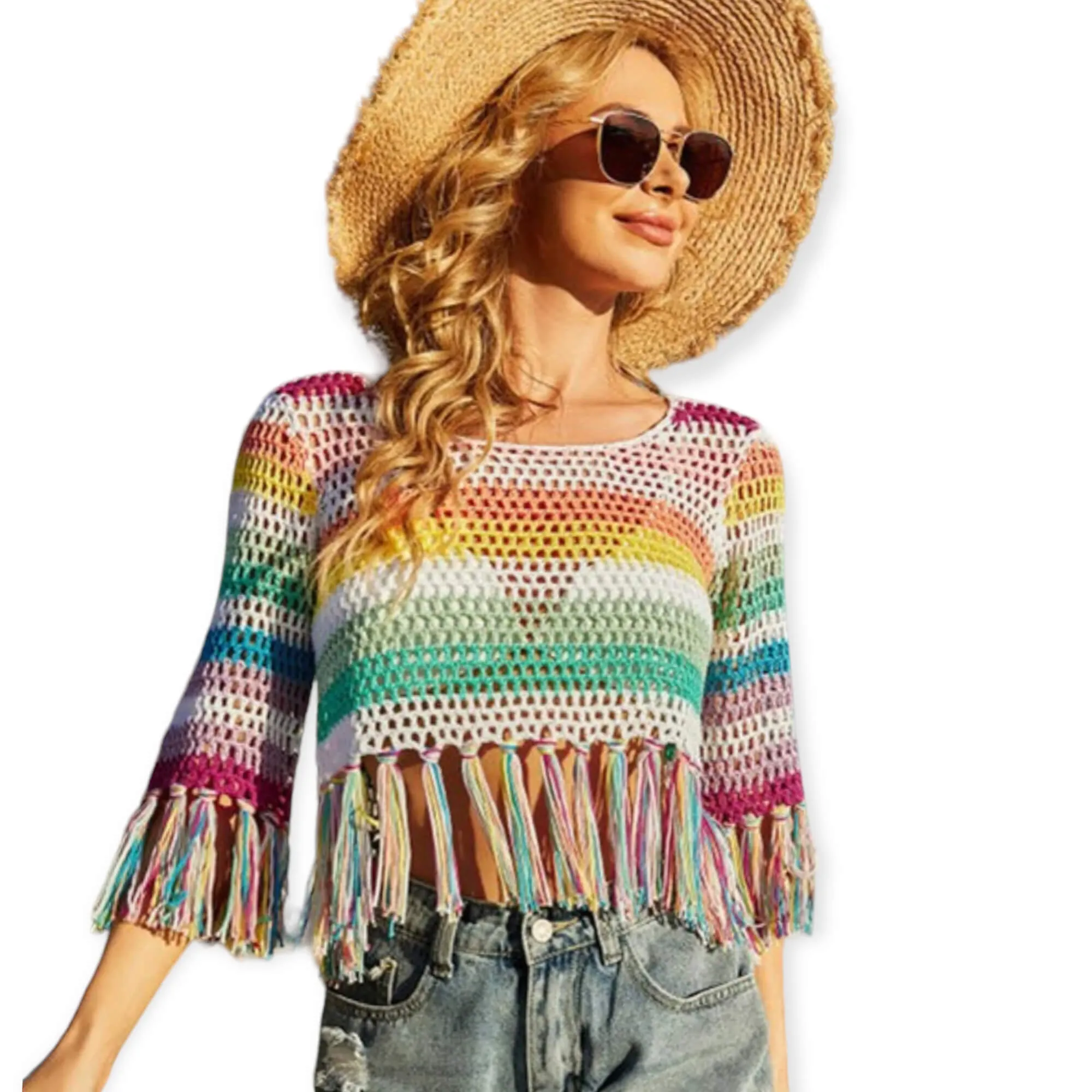 Colorful Crochet Stripe Tassel Crop Top