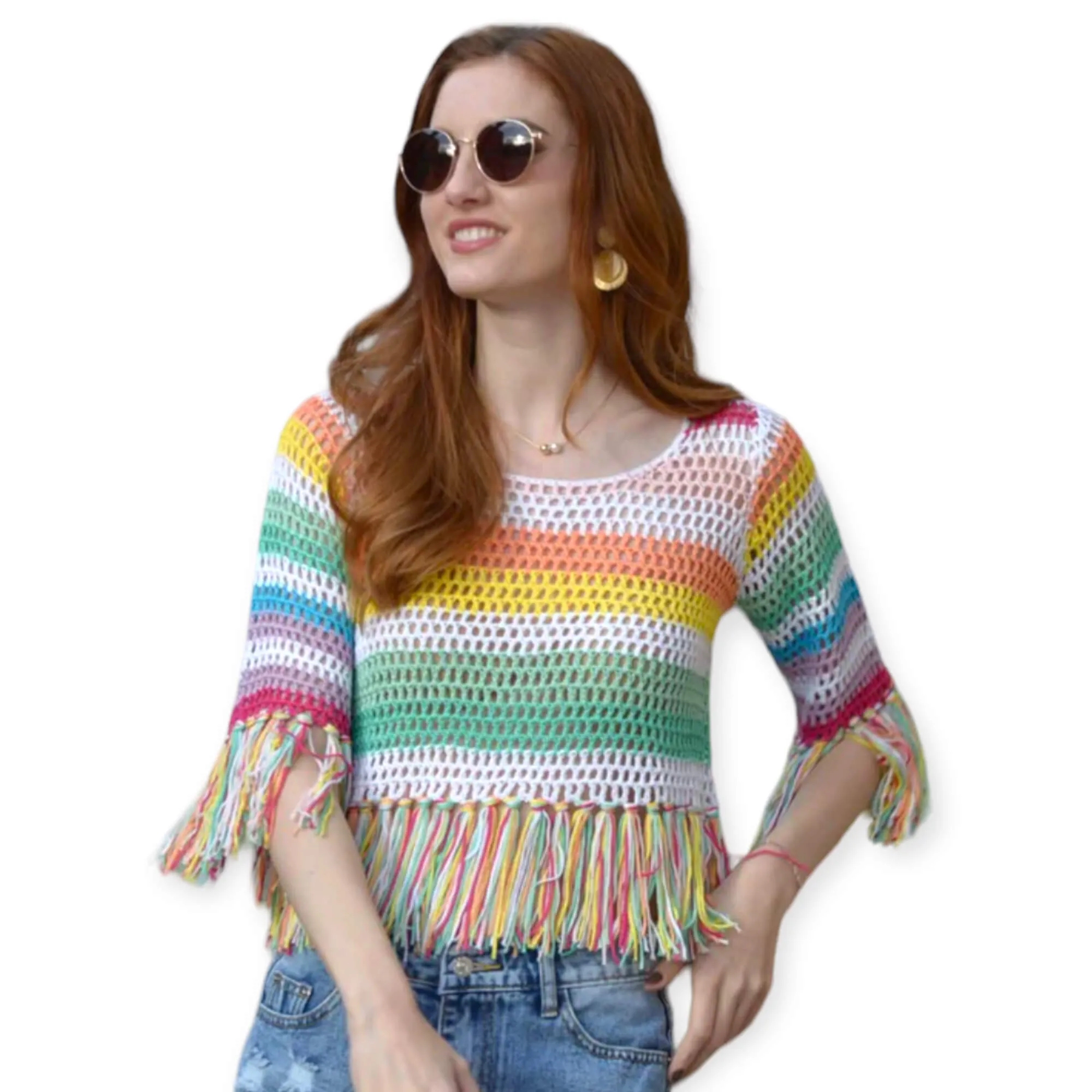 Colorful Crochet Stripe Tassel Crop Top
