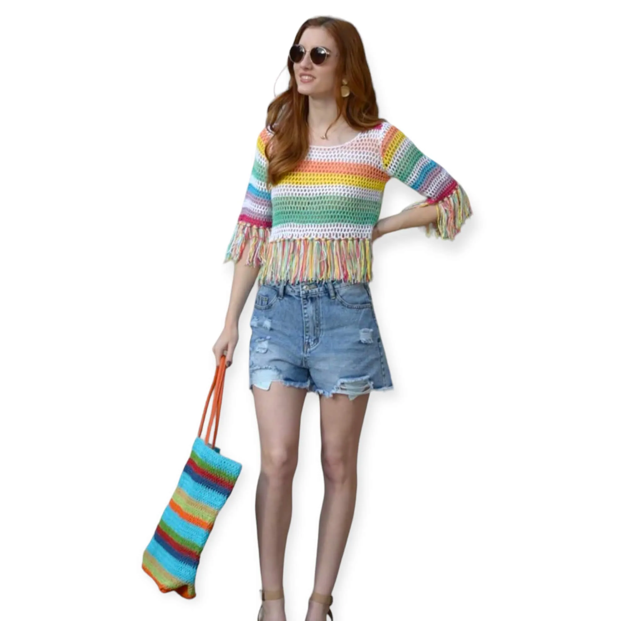 Colorful Crochet Stripe Tassel Crop Top