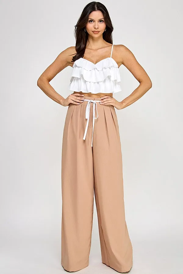 contrast tie wide leg pants