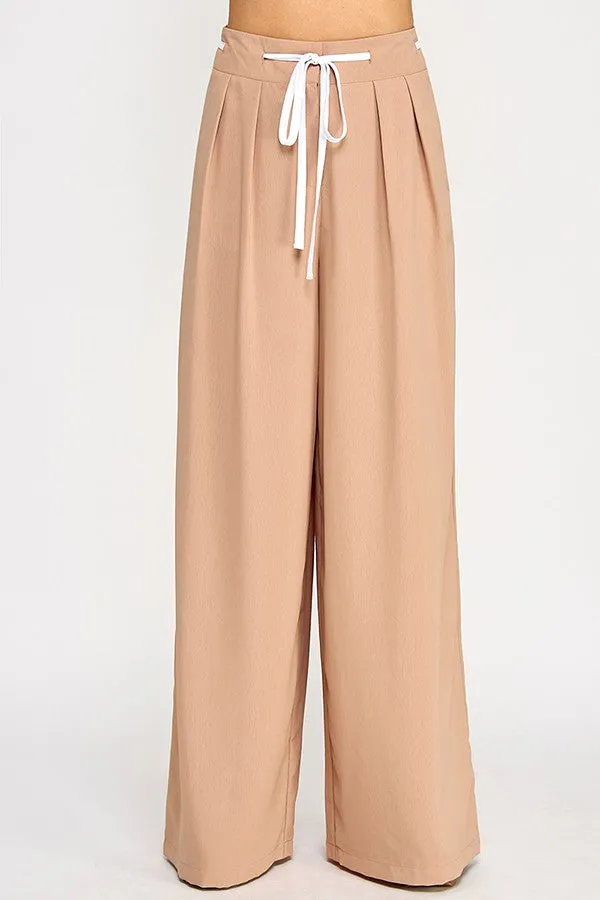 contrast tie wide leg pants