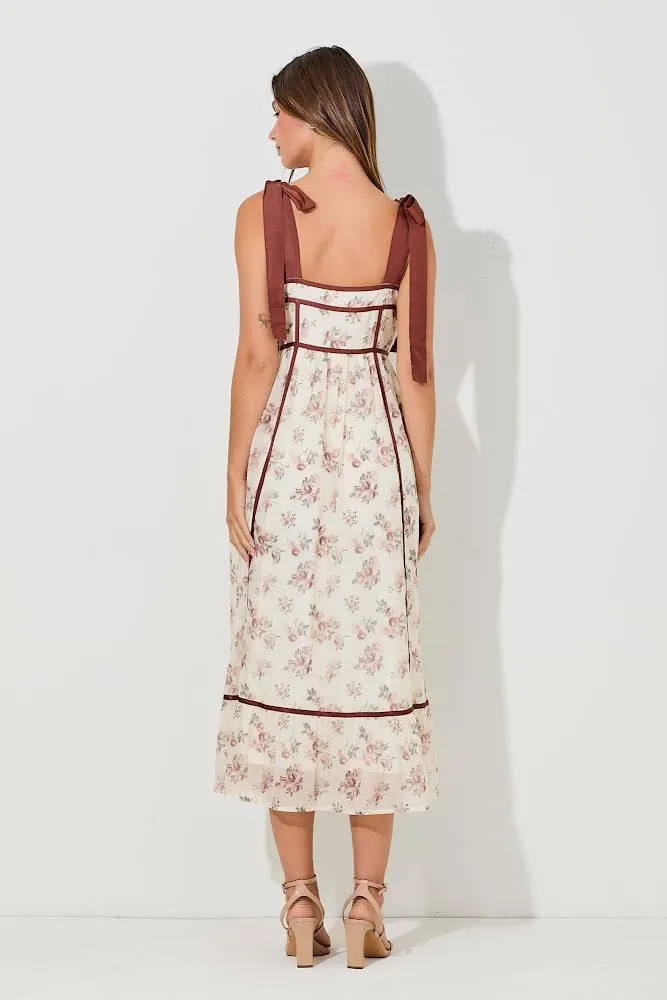 Cream/Burgundy Floral Midi Dress