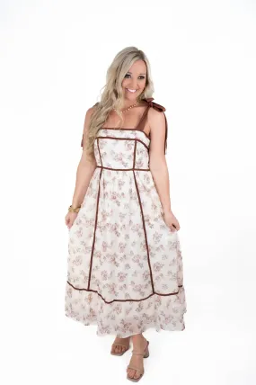 Cream/Burgundy Floral Midi Dress