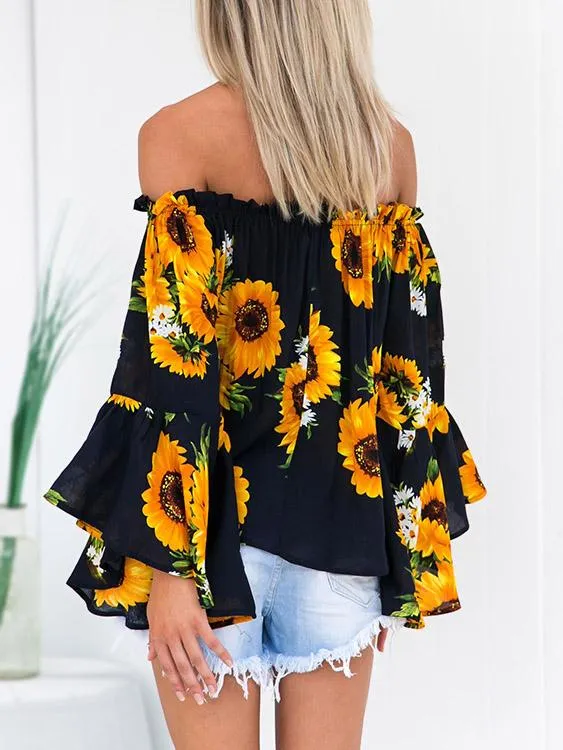 Custom Off The Shoulder Floral Print 3/4 Sleeve Blouses
