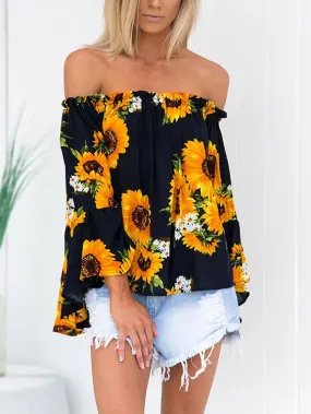 Custom Off The Shoulder Floral Print 3/4 Sleeve Blouses
