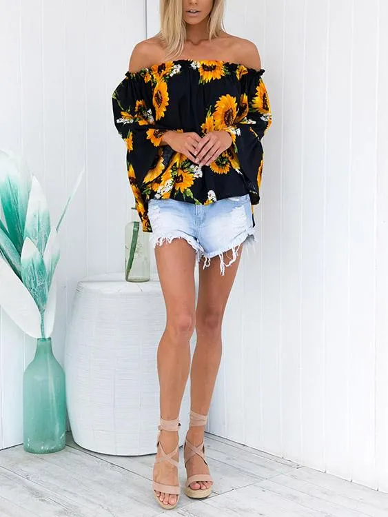 Custom Off The Shoulder Floral Print 3/4 Sleeve Blouses