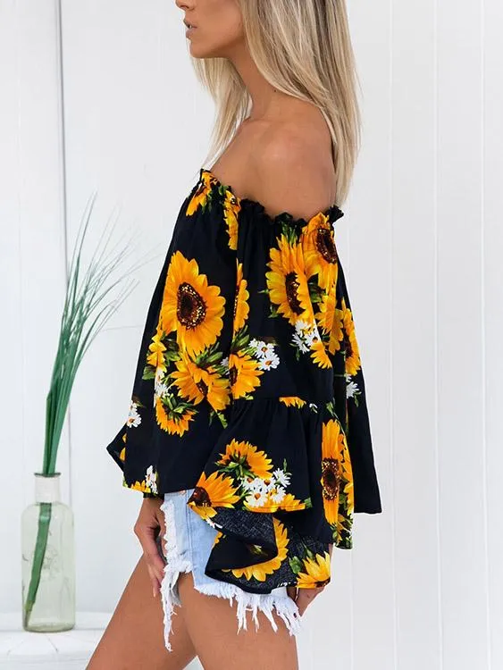 Custom Off The Shoulder Floral Print 3/4 Sleeve Blouses