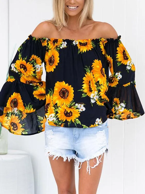 Custom Off The Shoulder Floral Print 3/4 Sleeve Blouses