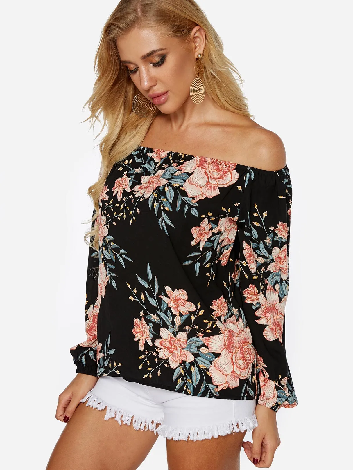 Custom Off The Shoulder Floral Print Long Sleeve Black Blouses