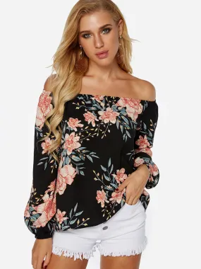Custom Off The Shoulder Floral Print Long Sleeve Black Blouses