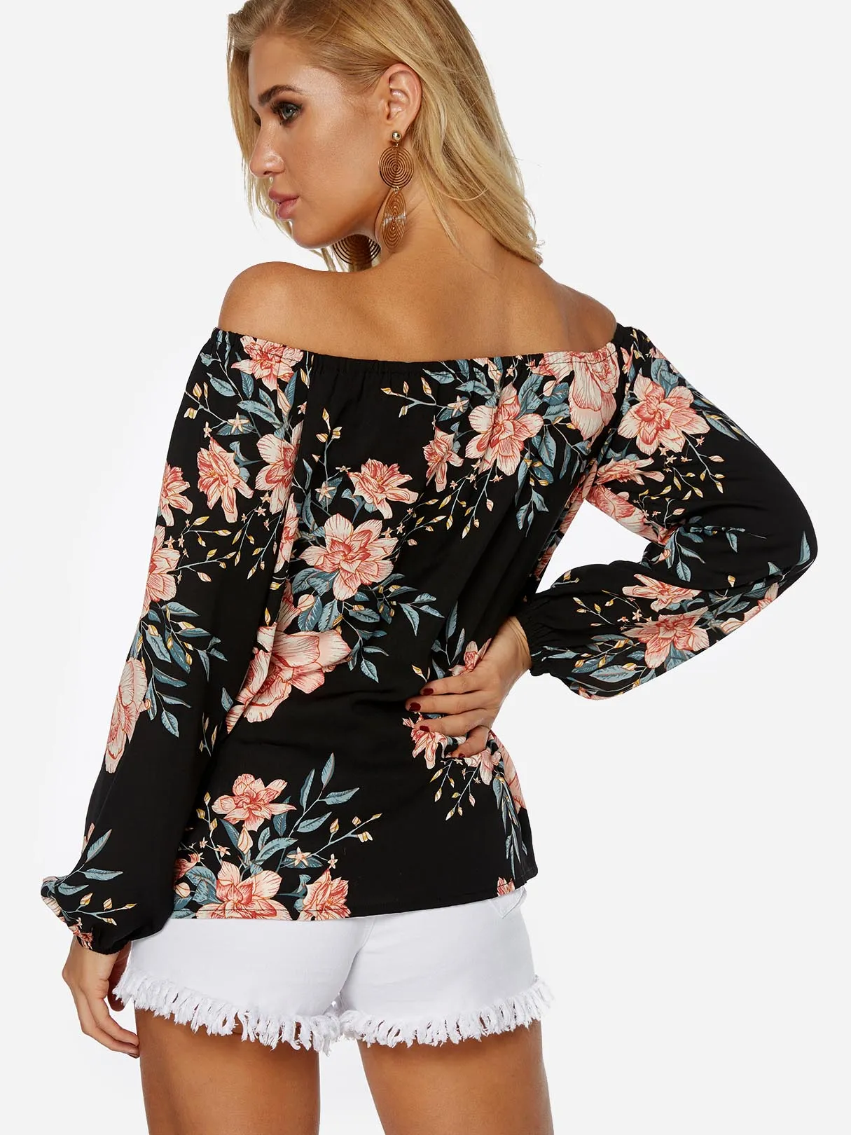 Custom Off The Shoulder Floral Print Long Sleeve Black Blouses