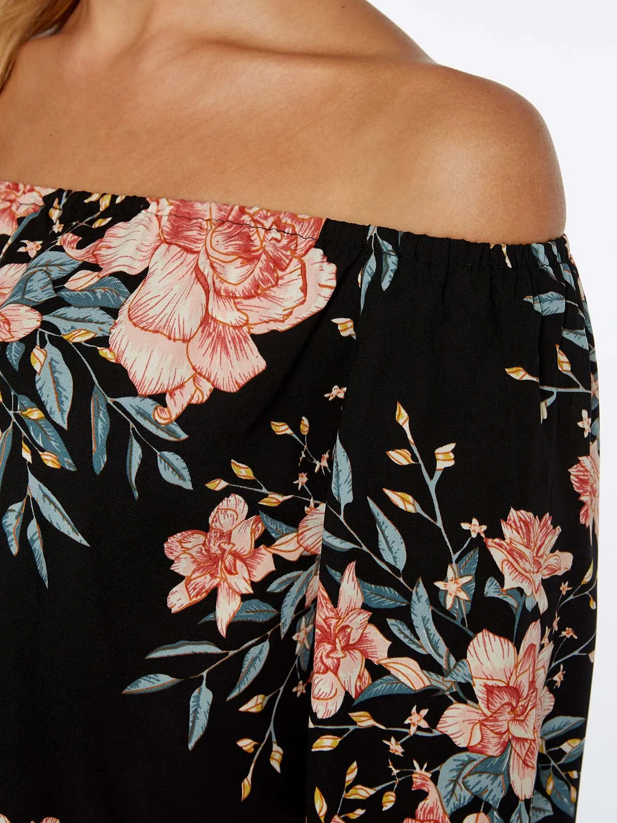 Custom Off The Shoulder Floral Print Long Sleeve Black Blouses