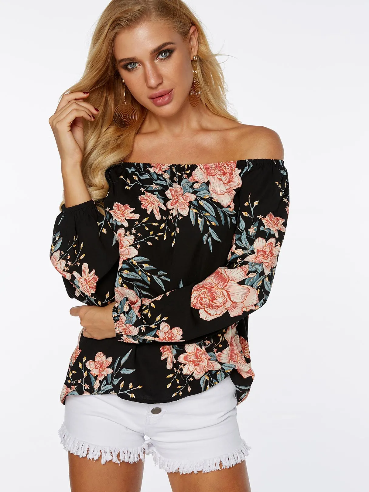 Custom Off The Shoulder Floral Print Long Sleeve Black Blouses