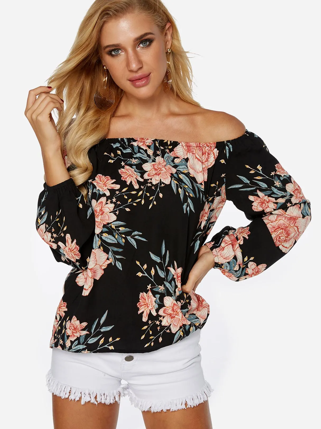 Custom Off The Shoulder Floral Print Long Sleeve Black Blouses