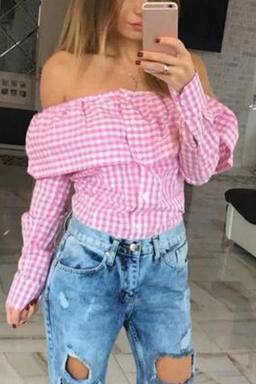 Custom Off The Shoulder Grid Long Sleeve Blouses