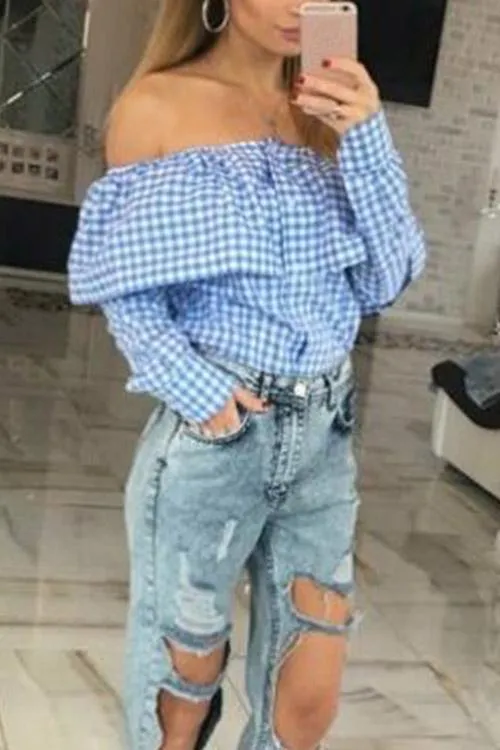 Custom Off The Shoulder Grid Long Sleeve Blouses