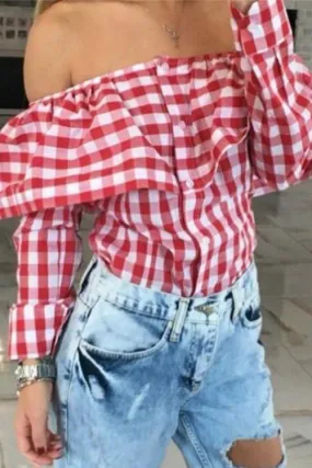 Custom Off The Shoulder Grid Long Sleeve Blouses