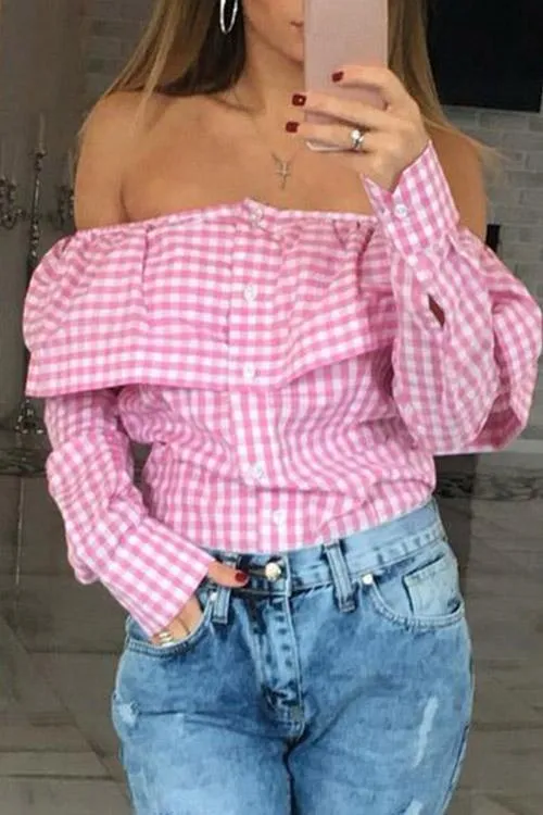 Custom Off The Shoulder Grid Long Sleeve Blouses