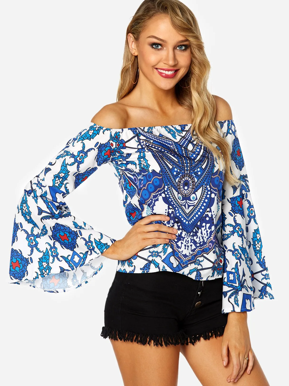 Custom Off The Shoulder Long Sleeve Blue Top