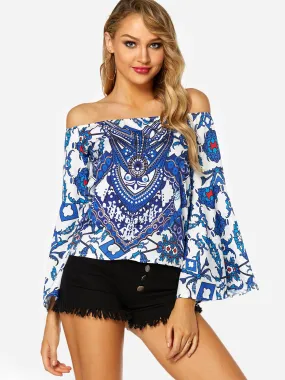 Custom Off The Shoulder Long Sleeve Blue Top