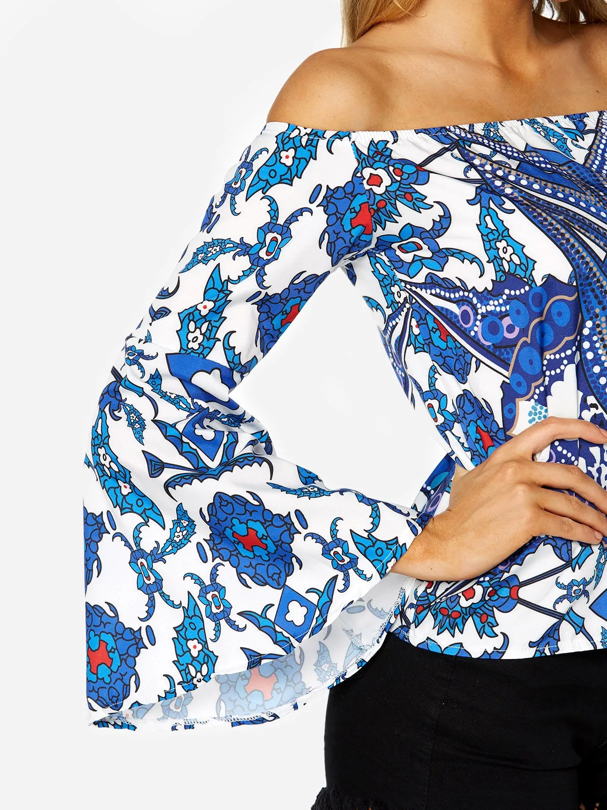 Custom Off The Shoulder Long Sleeve Blue Top