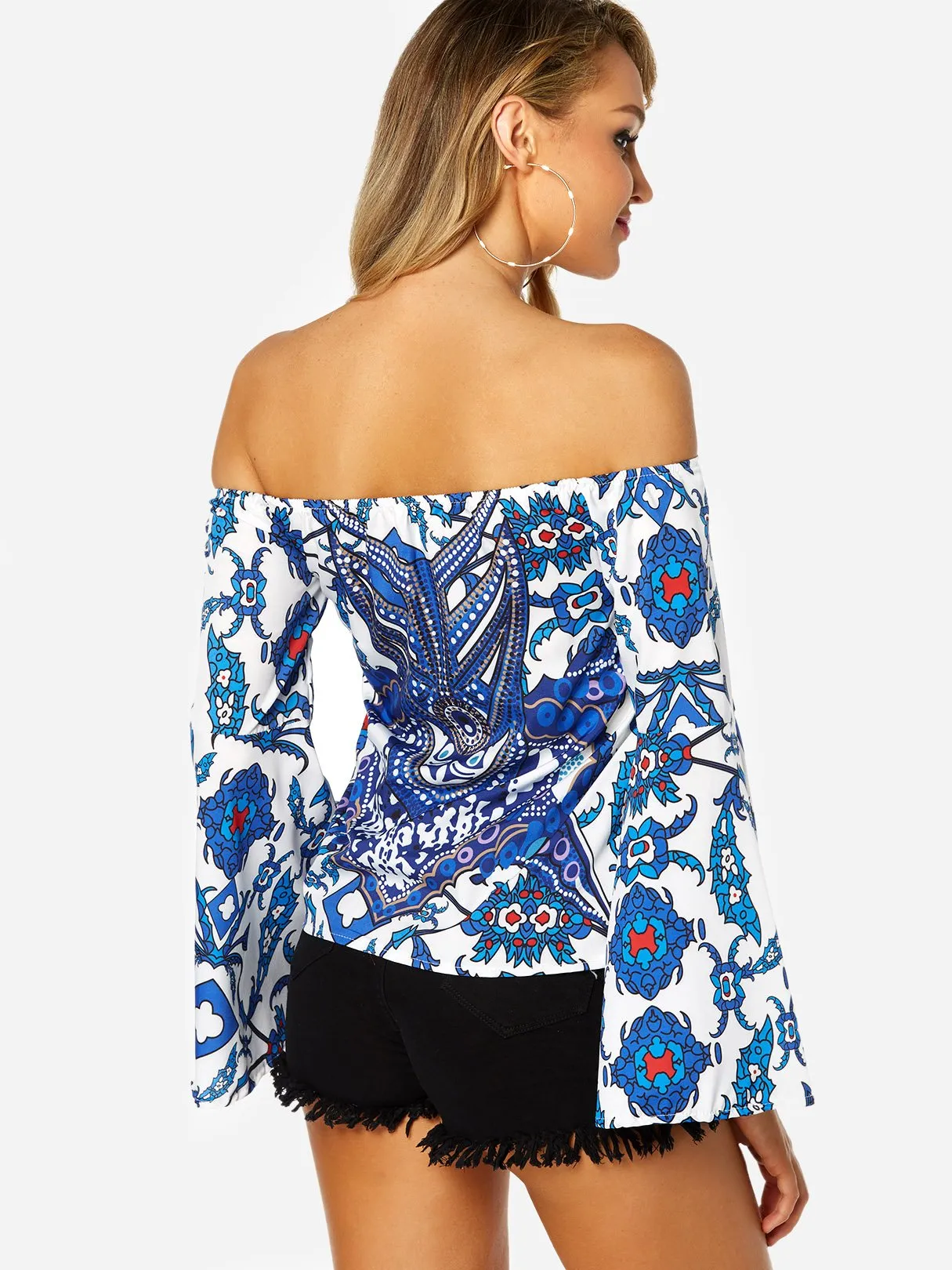 Custom Off The Shoulder Long Sleeve Blue Top