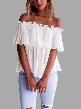 Custom Off The Shoulder Pleated Short Sleeve White Blouses