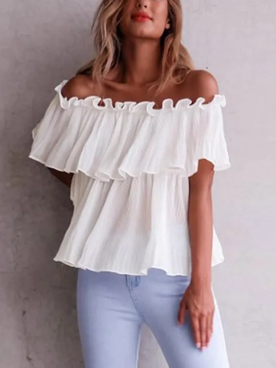Custom Off The Shoulder Pleated Short Sleeve White Blouses
