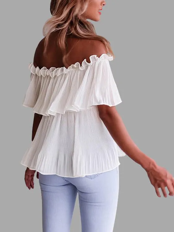 Custom Off The Shoulder Pleated Short Sleeve White Blouses