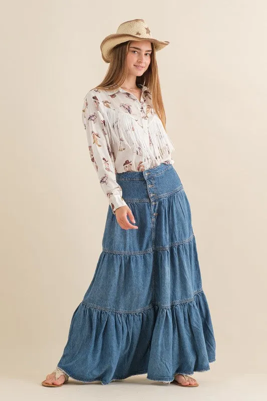 Denim Tiered Button Up Maxi Skirt