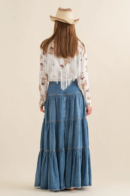 Denim Tiered Button Up Maxi Skirt