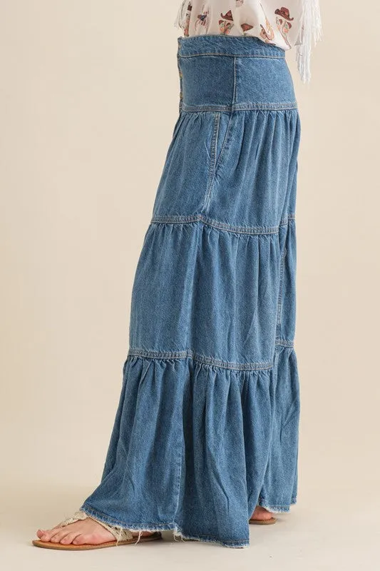 Denim Tiered Button Up Maxi Skirt