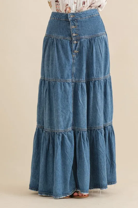 Denim Tiered Button Up Maxi Skirt