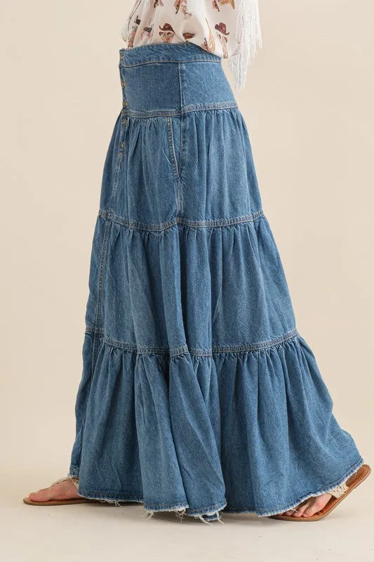 Denim Tiered Button Up Maxi Skirt