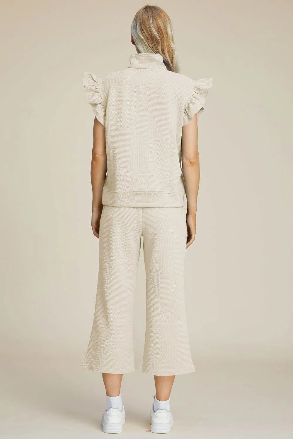 Double Take Full Size Texture Ruffle Short Sleeve Top and Wide Leg Pants Set