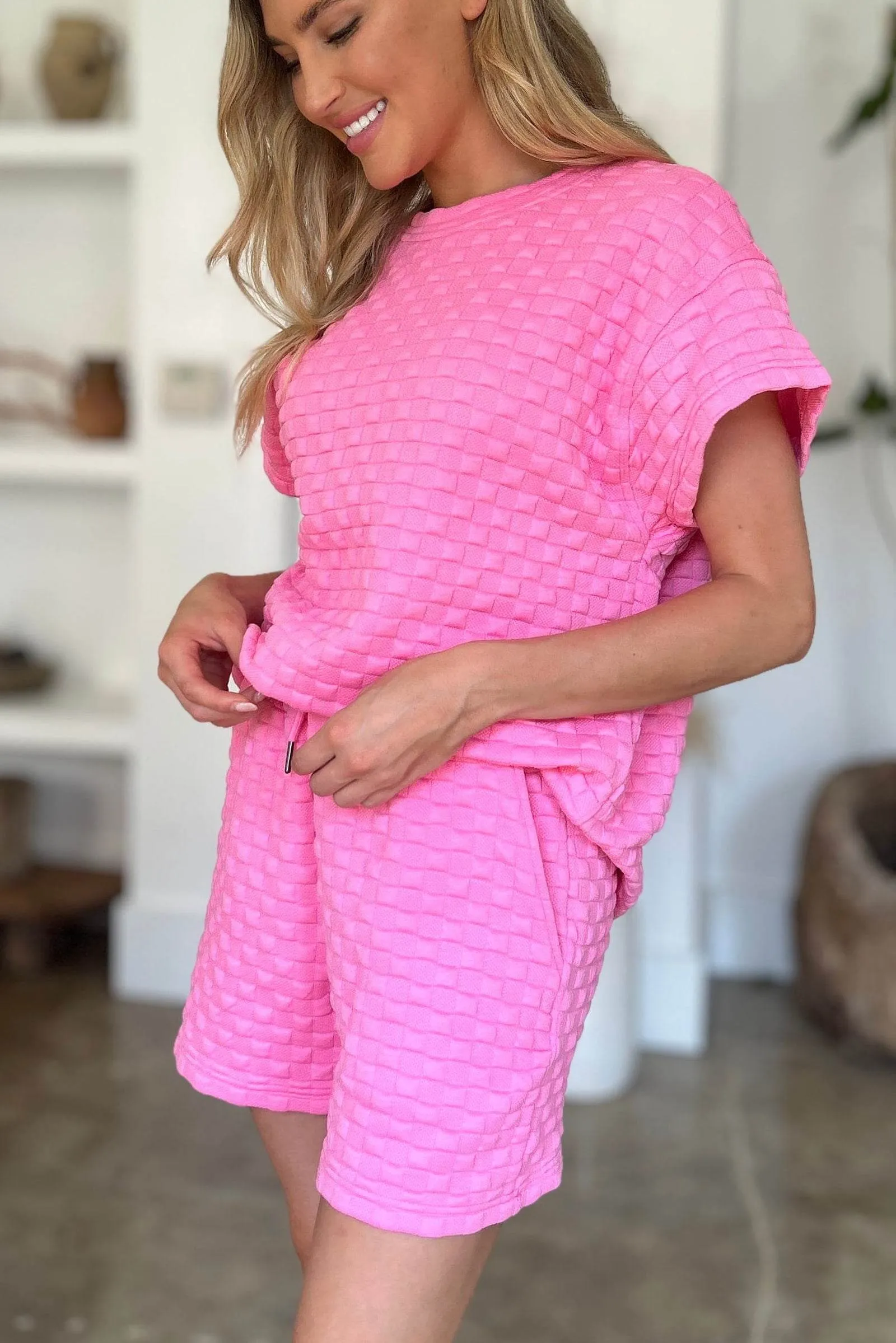 Double Take Full Size Texture T-Shirt and Shorts Set