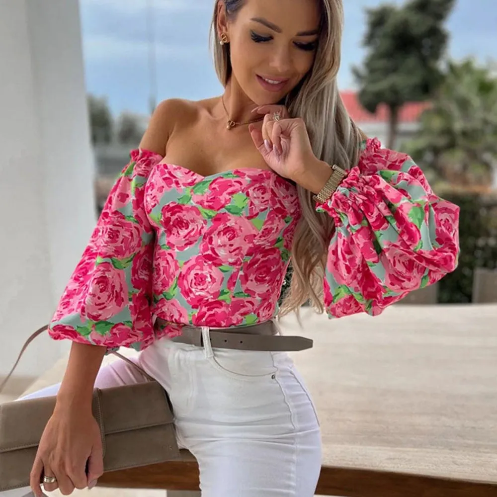 DressBetty - Women Sexy Top Summer Off Shoulder Floral Blouses Holiday Slash Neck Tops