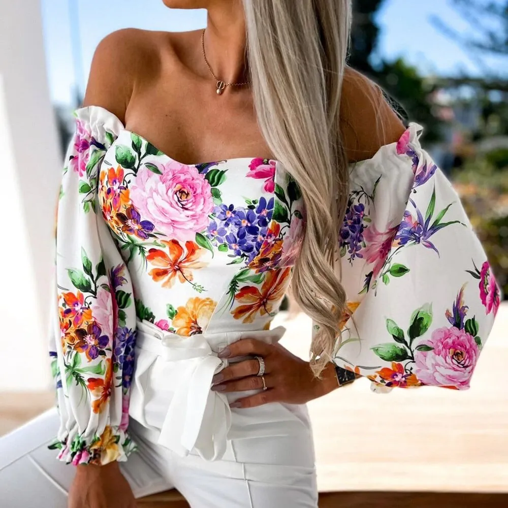 DressBetty - Women Sexy Top Summer Off Shoulder Floral Blouses Holiday Slash Neck Tops