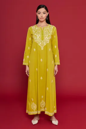 Embroidered Chikankari Kaftan in Celery Yellow
