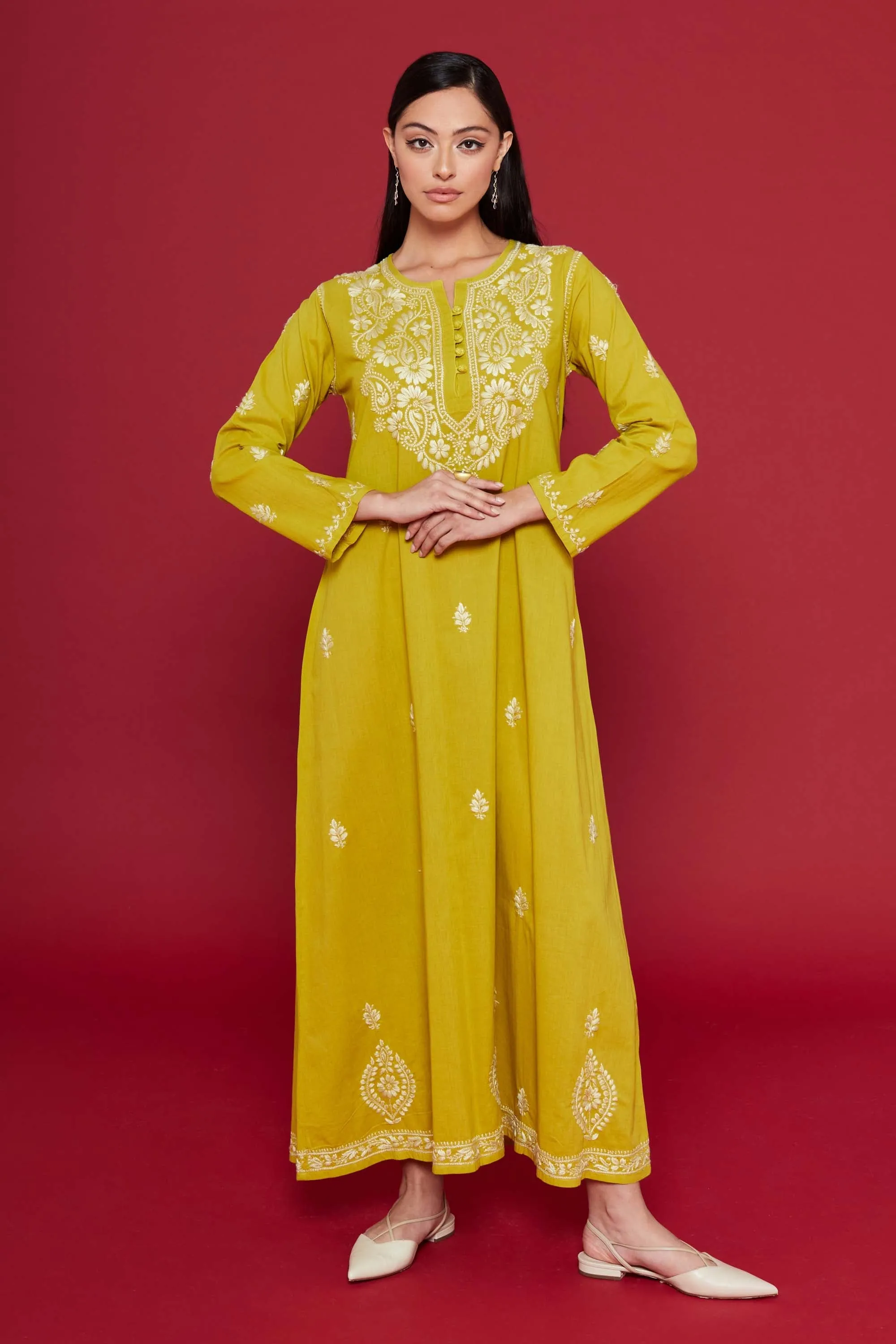 Embroidered Chikankari Kaftan in Celery Yellow