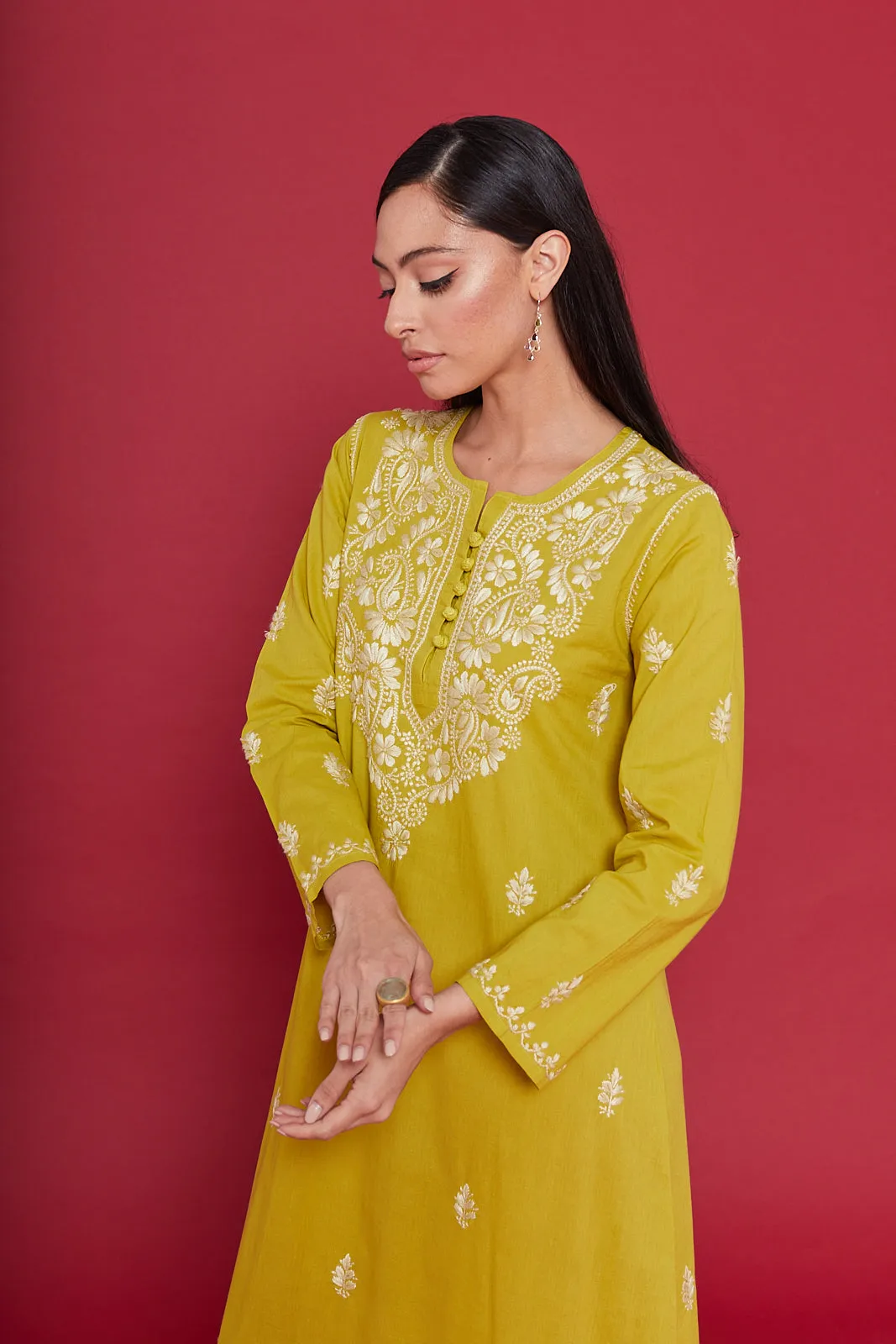 Embroidered Chikankari Kaftan in Celery Yellow
