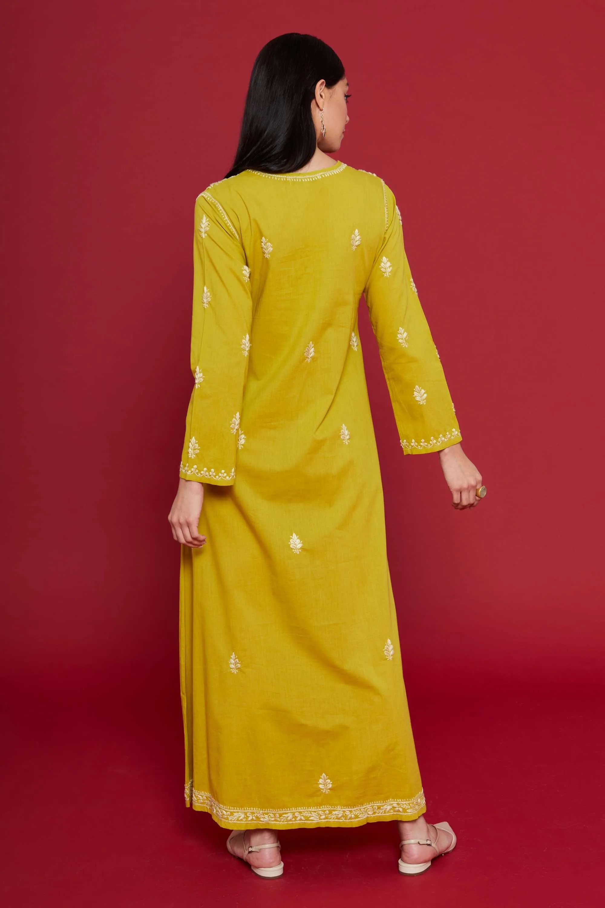 Embroidered Chikankari Kaftan in Celery Yellow