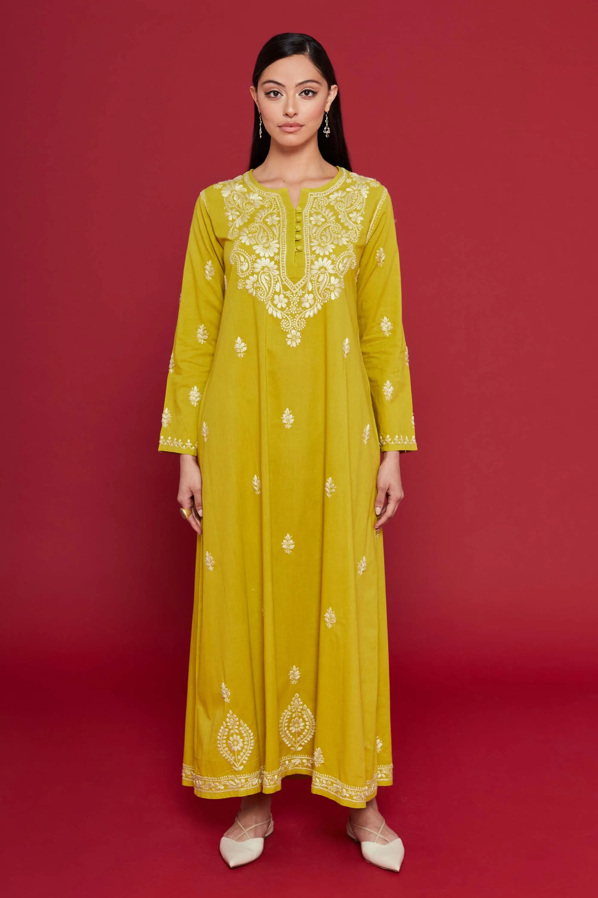 Embroidered Chikankari Kaftan in Celery Yellow